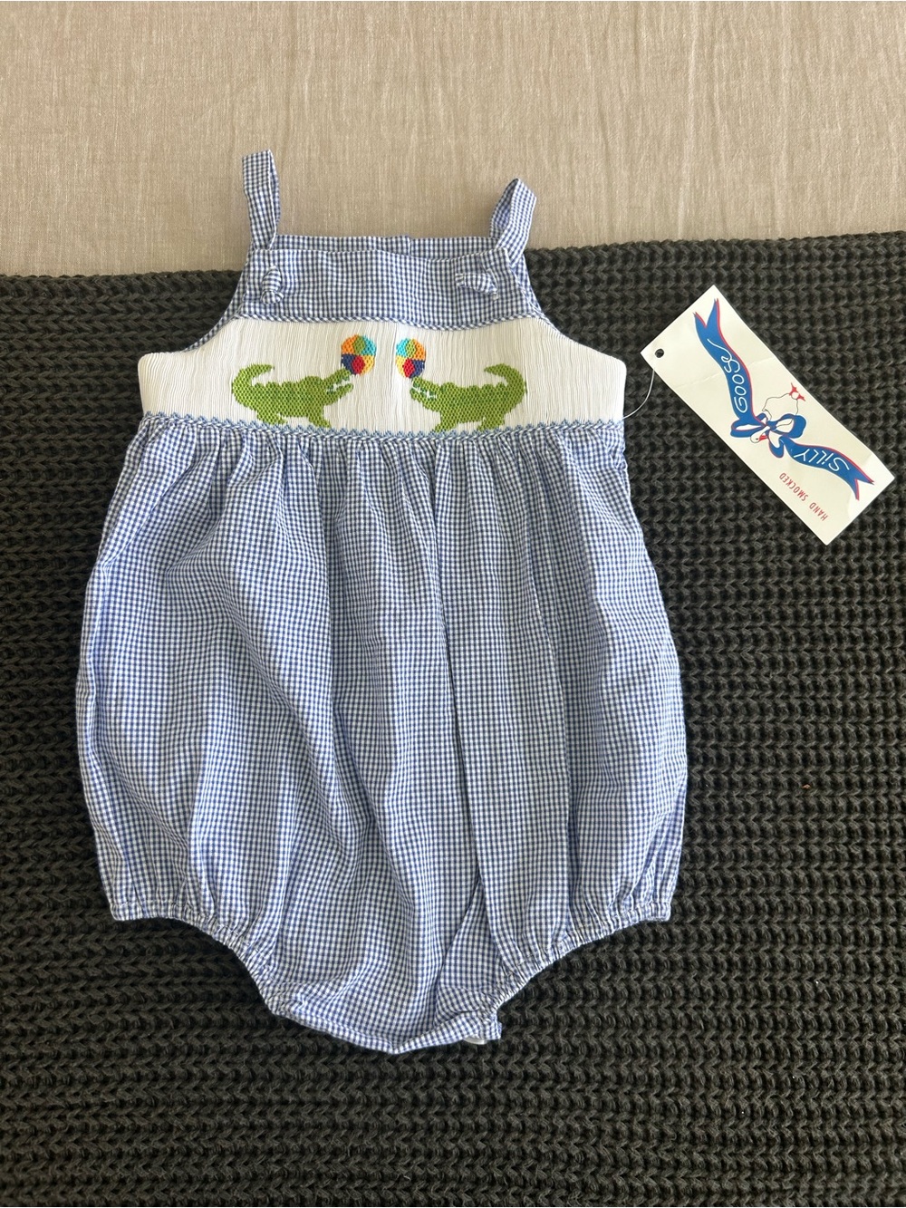 NWT Silly Goose Blue Gingham Baby Bubble Romper with Green Crocodile Smocking